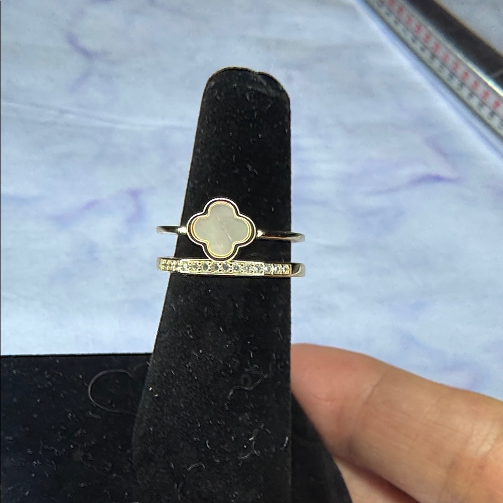 Gold Tone Mother-of-Pearl Clover Ring with Pavé Band - White/Gold